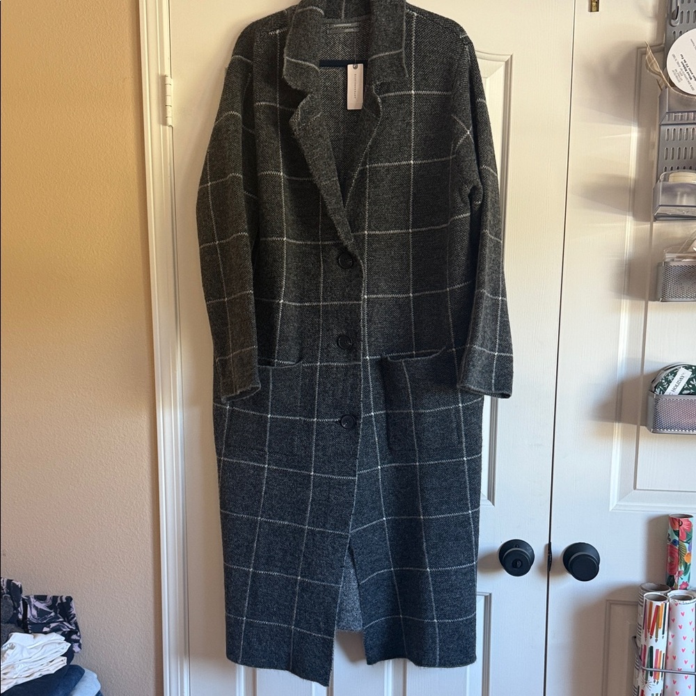 Anthropologie Charcoal Checkered Trench Coat